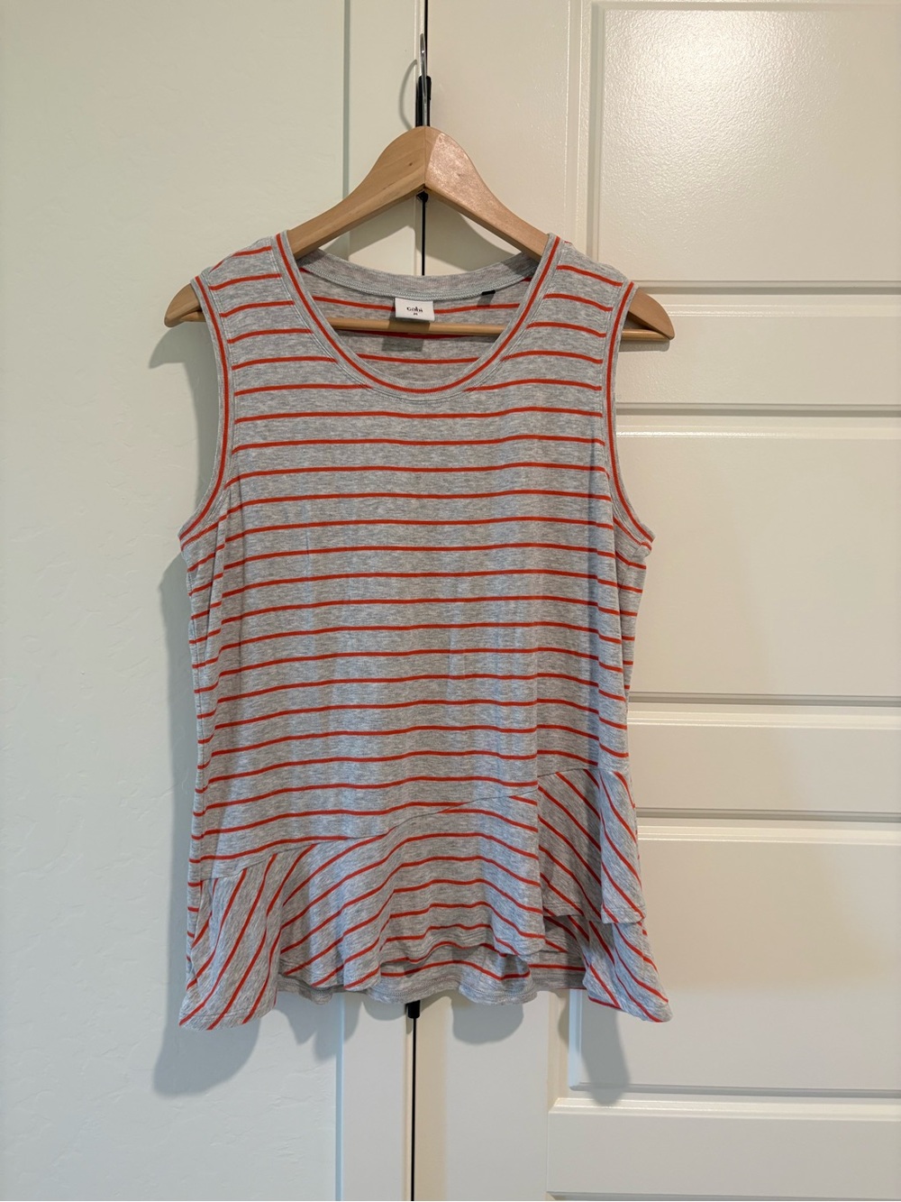 CAbi Gray Tank Top with Red Stripes and Peplum Hem Preppy Coastal Soft Tank Sz M